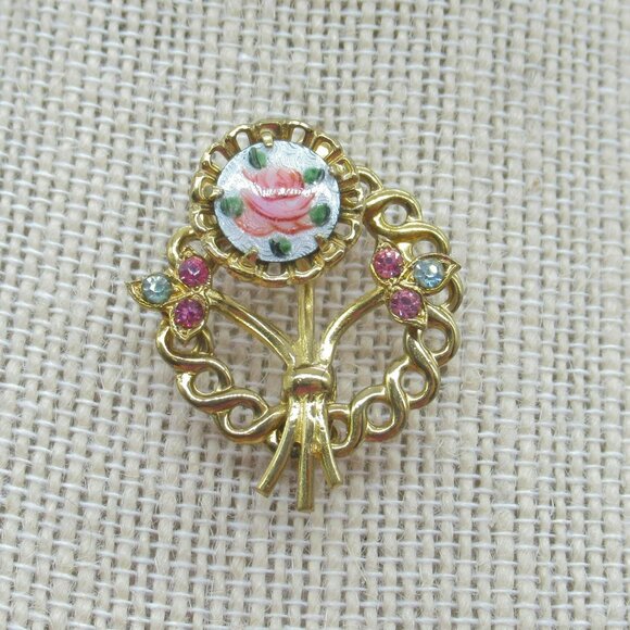 Vintage Guilloche Enamel Rose Pink & Blue Rhinestones Floral Brooch - Picture 6 of 6